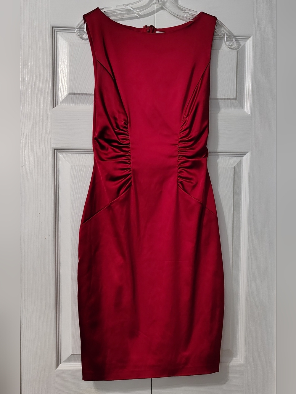 Y2K Red Hot Satin Elegant Cocktail Dress - Ruched, Bodycon Sheath Midi -Cache 6